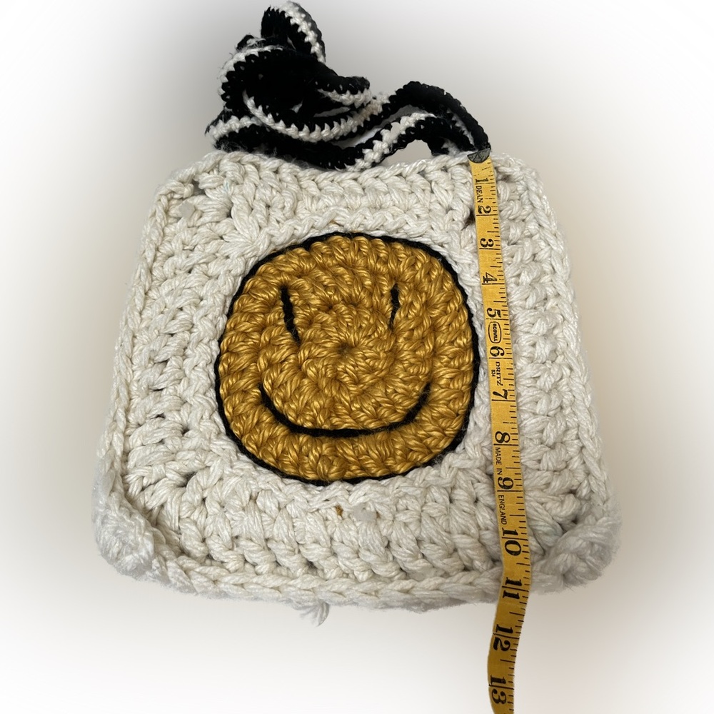 Handmade Crochet Smiley Face Bag Cozy Mustard Yellow